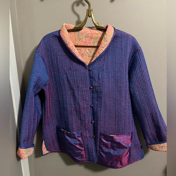 Sam Hilu silk quilted jacket reversible stunning florals fun buttons pockets M - Picture 2 of 8